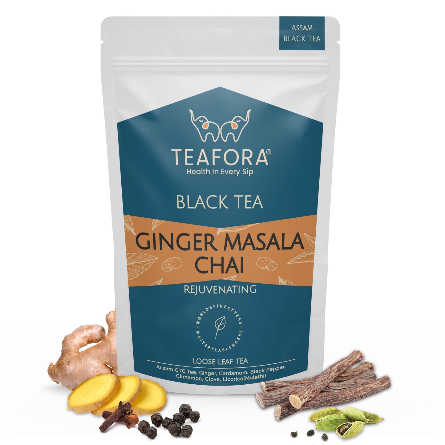 TEAFORA Ginger Masala Chai Tea | Assam CTC Loose Black Tea | Blended with Authentic Indian Spices | Indian Ginger Tea | 100% NATURAL INGREDIENTS