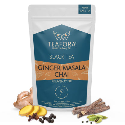 TEAFORA Ginger Masala Chai Tea | Assam CTC Loose Black Tea | Blended with Authentic Indian Spices | Indian Ginger Tea | 100% NATURAL INGREDIENTS