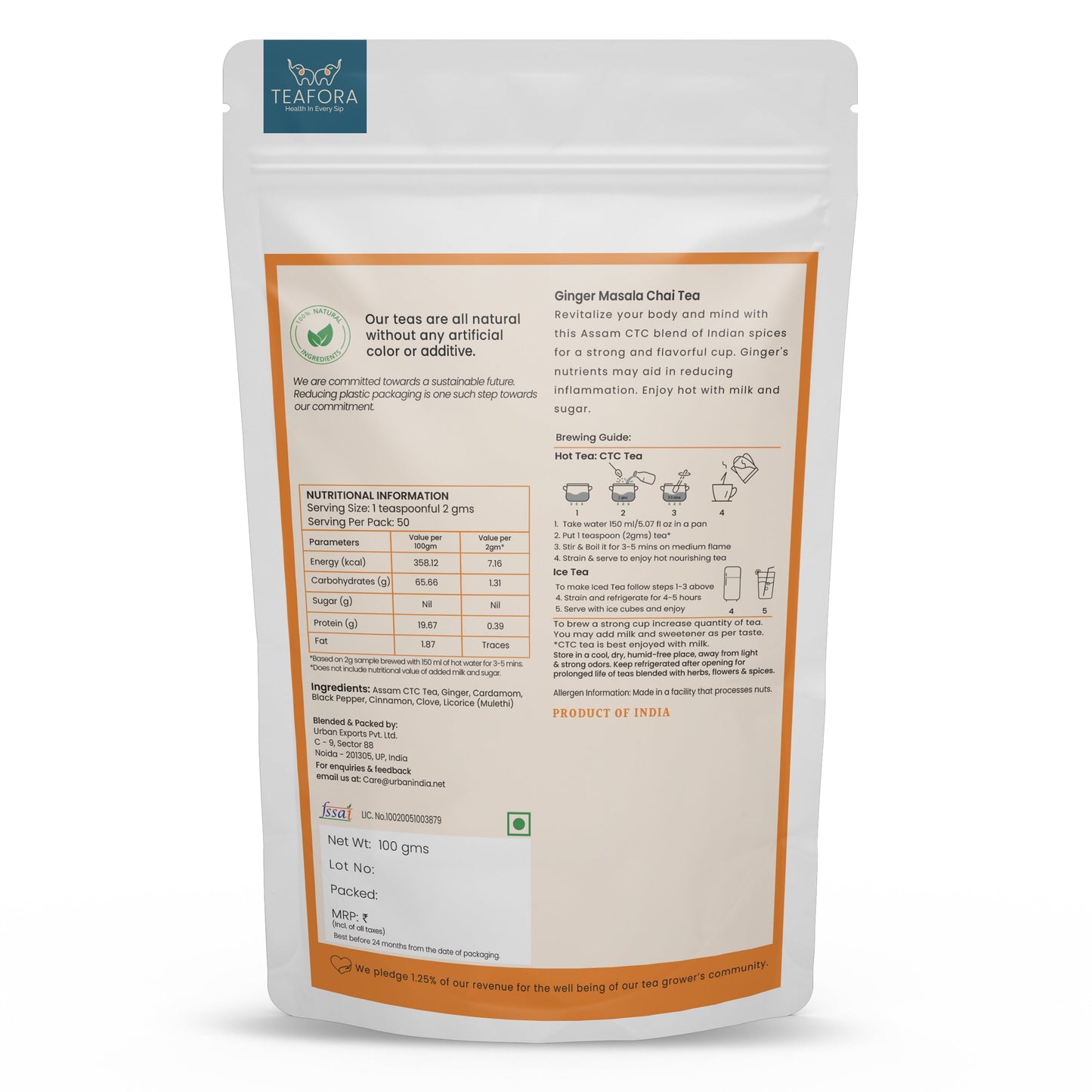 TEAFORA Ginger Masala Chai Tea | Assam CTC Loose Black Tea | Blended with Authentic Indian Spices | Indian Ginger Tea | 100% NATURAL INGREDIENTS