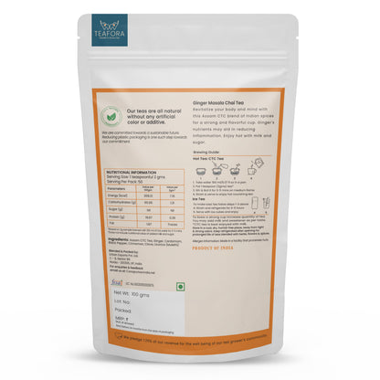 TEAFORA Ginger Masala Chai Tea | Assam CTC Loose Black Tea | Blended with Authentic Indian Spices | Indian Ginger Tea | 100% NATURAL INGREDIENTS
