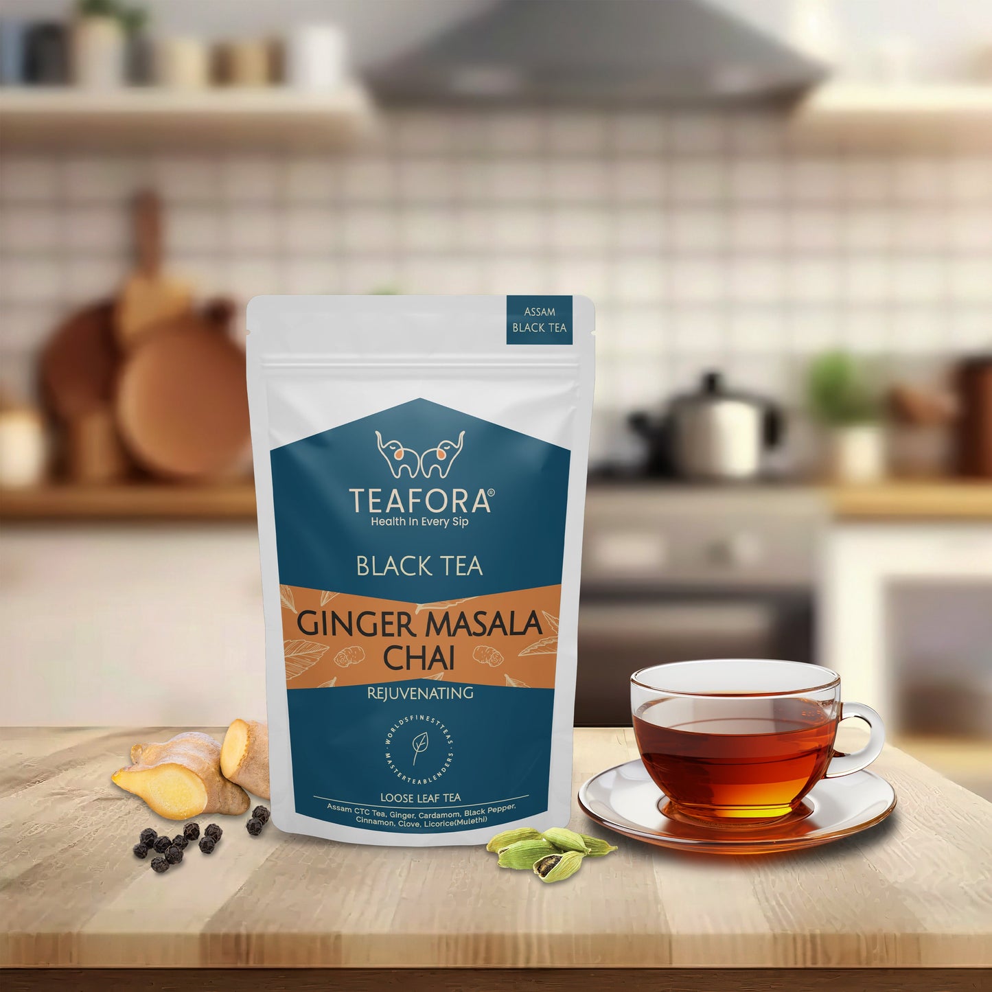 TEAFORA Ginger Masala Chai Tea | Assam CTC Loose Black Tea | Blended with Authentic Indian Spices | Indian Ginger Tea | 100% NATURAL INGREDIENTS