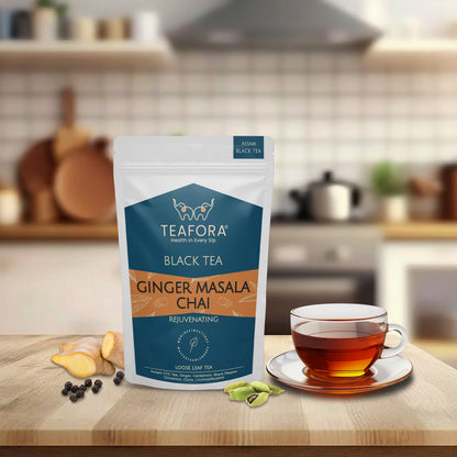 TEAFORA Ginger Masala Chai Tea | Assam CTC Loose Black Tea | Blended with Authentic Indian Spices | Indian Ginger Tea | 100% NATURAL INGREDIENTS