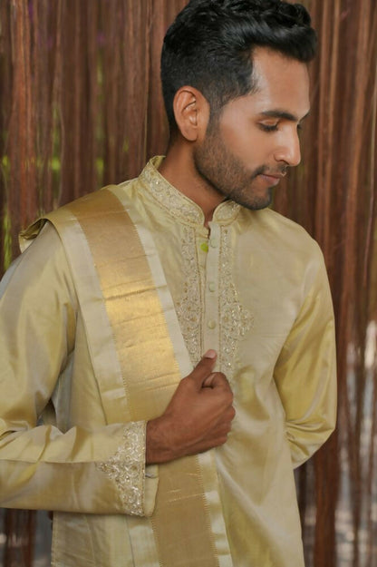 Olive Kanjivaram Machien Embroidered Pattu Set by Hilo Design