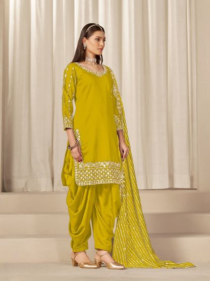 Anaita Yellow Roman Silk Stitched Suit with Embroidery & Real Mirror Work