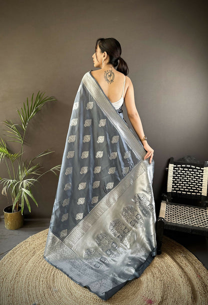 Joban Fashion Grey Floral Motifs Soft Silk Banarasi Saree