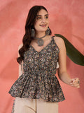 Sangria Floral Printed Pure Cotton Sleeveless Peplum Top