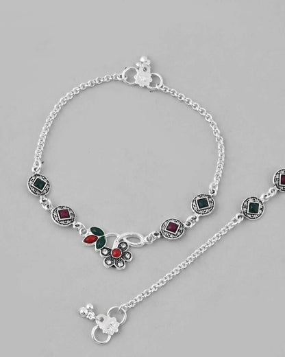 VOJ Set of 2 Traditional Multi Color Stone Studded Designer Anklet