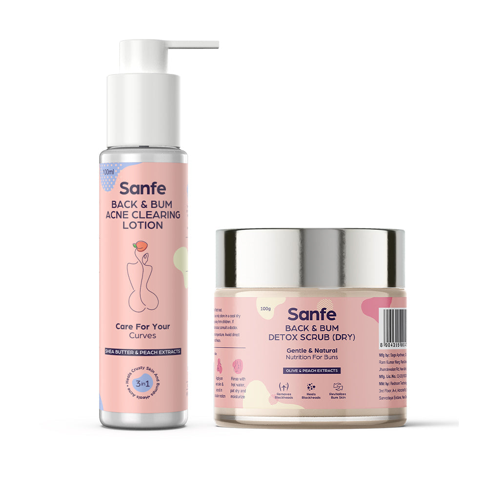 Sanfe Back & Bum Acne Clearing Lotion & Back & Bum Detox Scrub Dry