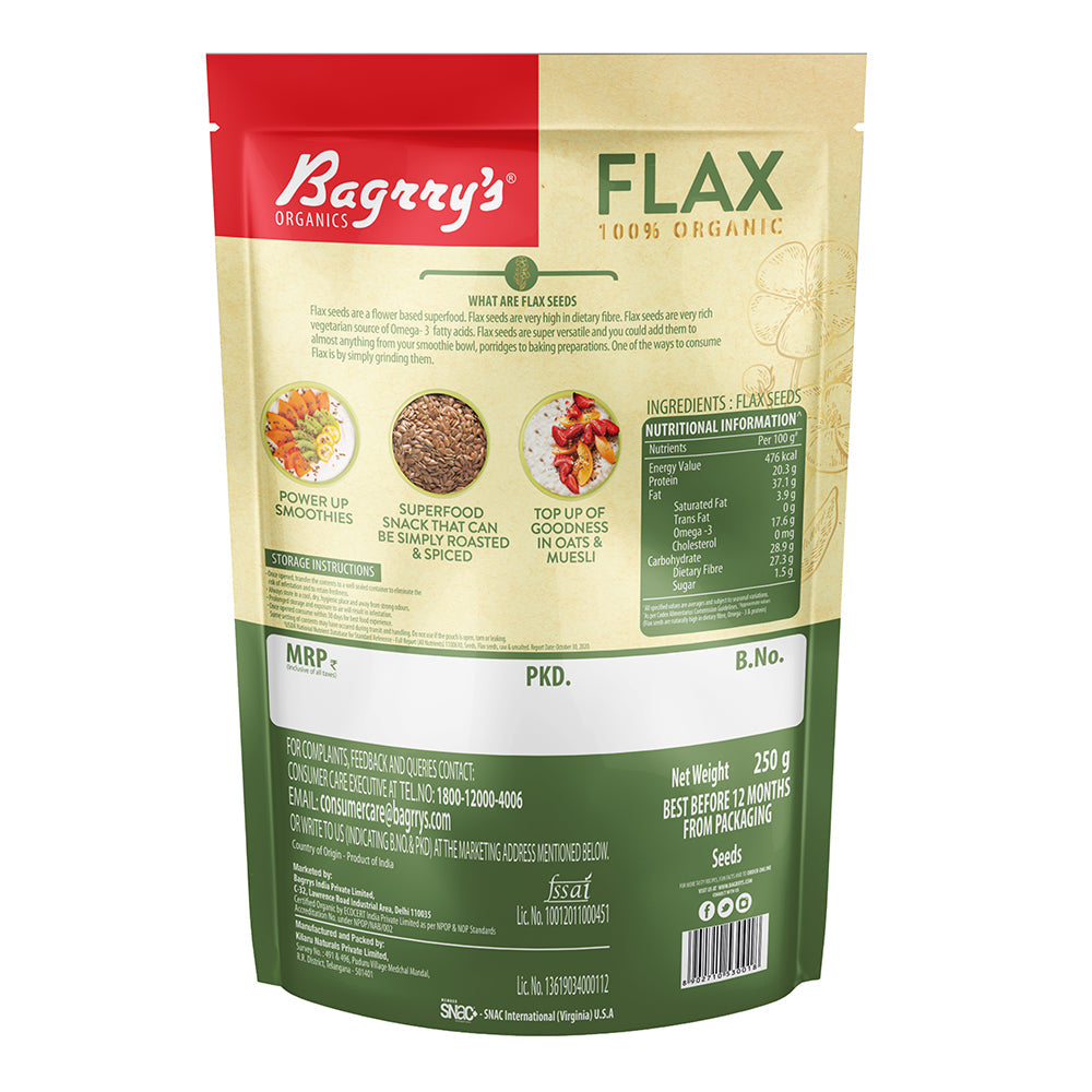 Bagrry's Organic Flax Seeds - 250 gms (Pack of 2)