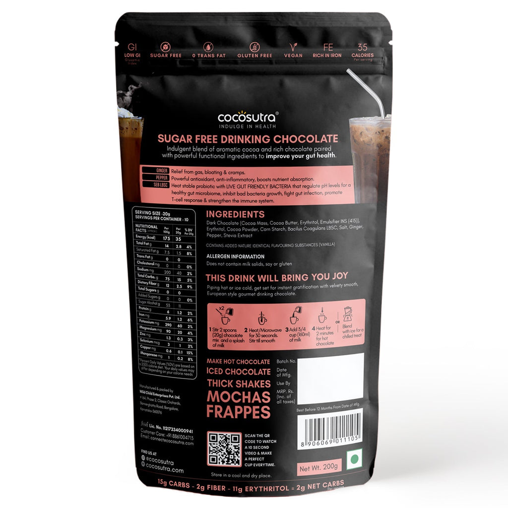 Cocosutra Balance Sugar Free Drinking Chocolate Mix For Gut Health - 200 gms