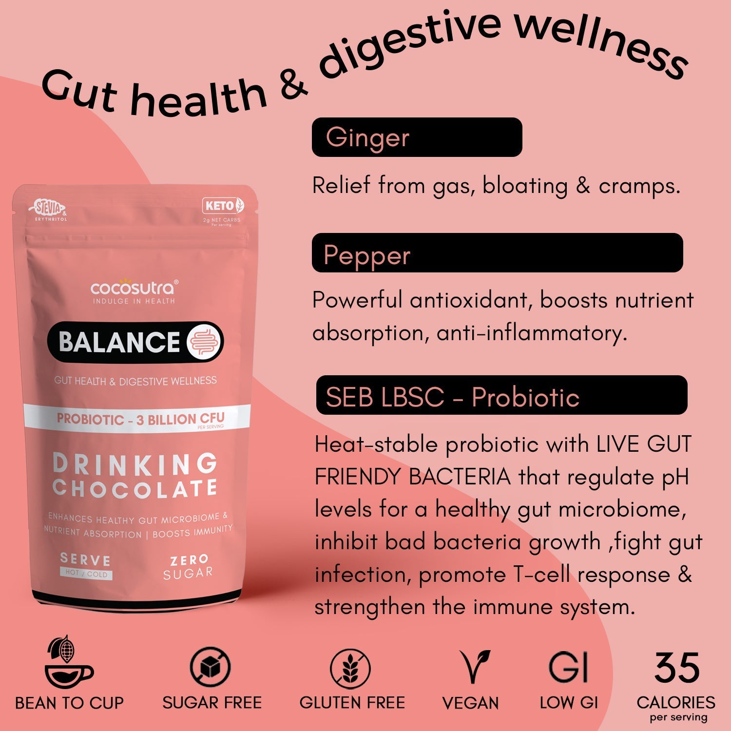 Cocosutra Balance Sugar Free Drinking Chocolate Mix For Gut Health - 200 gms