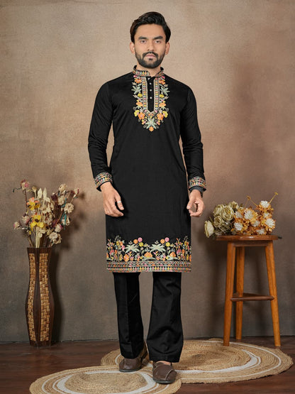 Anaita Black Embroidery & Sequence Work Silk Straight Kurta Set