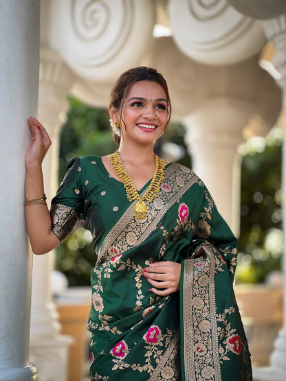 Vedant Vastram Soft Litchi Silk Banarasi Silk Jacquard Saree - Green