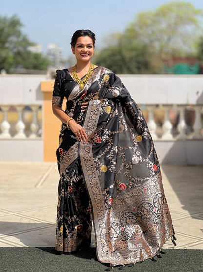 Vedant Vastram Soft Litchi Silk Banarasi Silk Jacquard Saree - Black