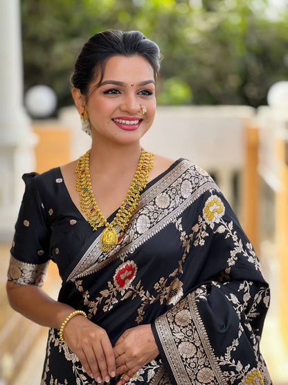 Vedant Vastram Soft Litchi Silk Banarasi Silk Jacquard Saree - Black