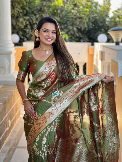 Vedant Vastram Soft Litchi Silk Banarasi Silk Jacquard Saree - Mahendi