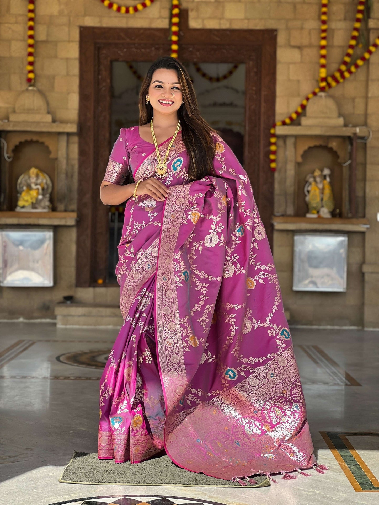 Vedant Vastram Soft Litchi Silk Banarasi Silk Jacquard Saree - Purple