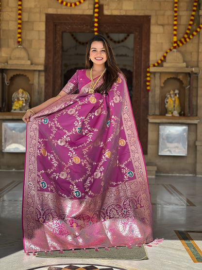 Vedant Vastram Soft Litchi Silk Banarasi Silk Jacquard Saree - Purple