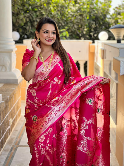 Vedant Vastram Soft Litchi Silk Banarasi Silk Jacquard Saree - Rani