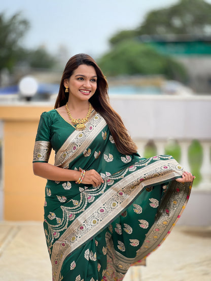 Vedant Vastram Soft Litchi Silk Banarasi Silk Jacquard Saree - Green