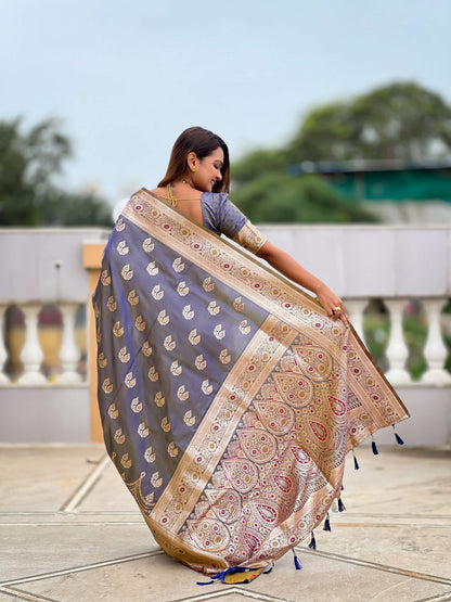 Vedant Vastram Soft Litchi Silk Banarasi Silk Jacquard Saree - Grey