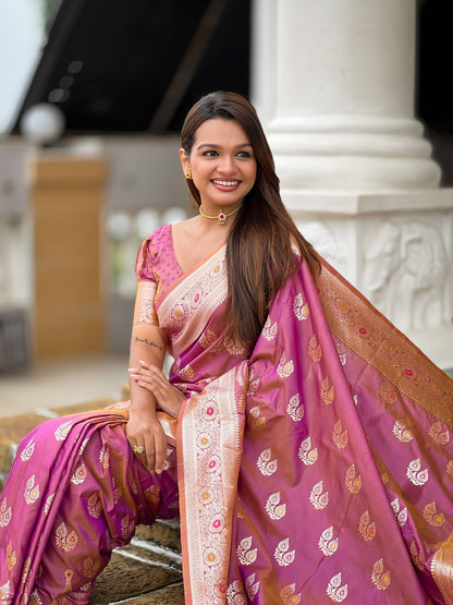 Vedant Vastram Soft Litchi Silk Banarasi Silk Jacquard Saree - Purple