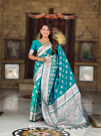 Vedant Vastram Soft Litchi Silk Banarasi Silk Jacquard Saree - Rama