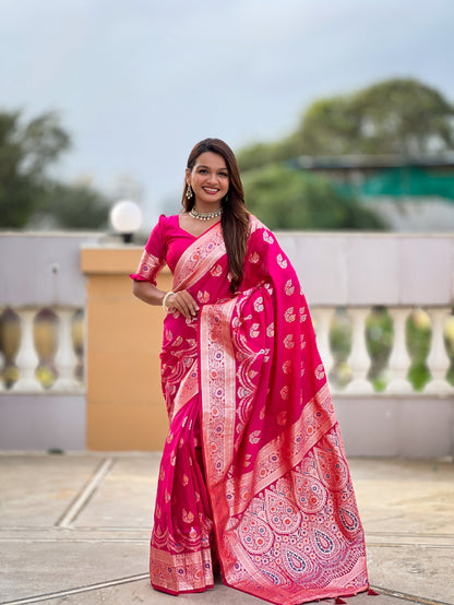 Vedant Vastram Soft Litchi Silk Banarasi Silk Jacquard Saree - Pink