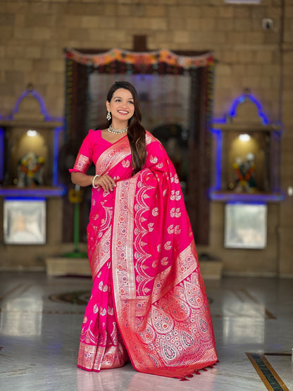 Vedant Vastram Soft Litchi Silk Banarasi Silk Jacquard Saree - Pink