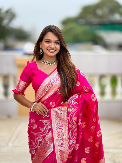 Vedant Vastram Soft Litchi Silk Banarasi Silk Jacquard Saree - Pink