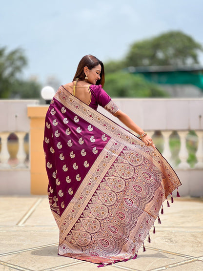 Vedant Vastram Soft Litchi Silk Banarasi Silk Jacquard Saree - Wine