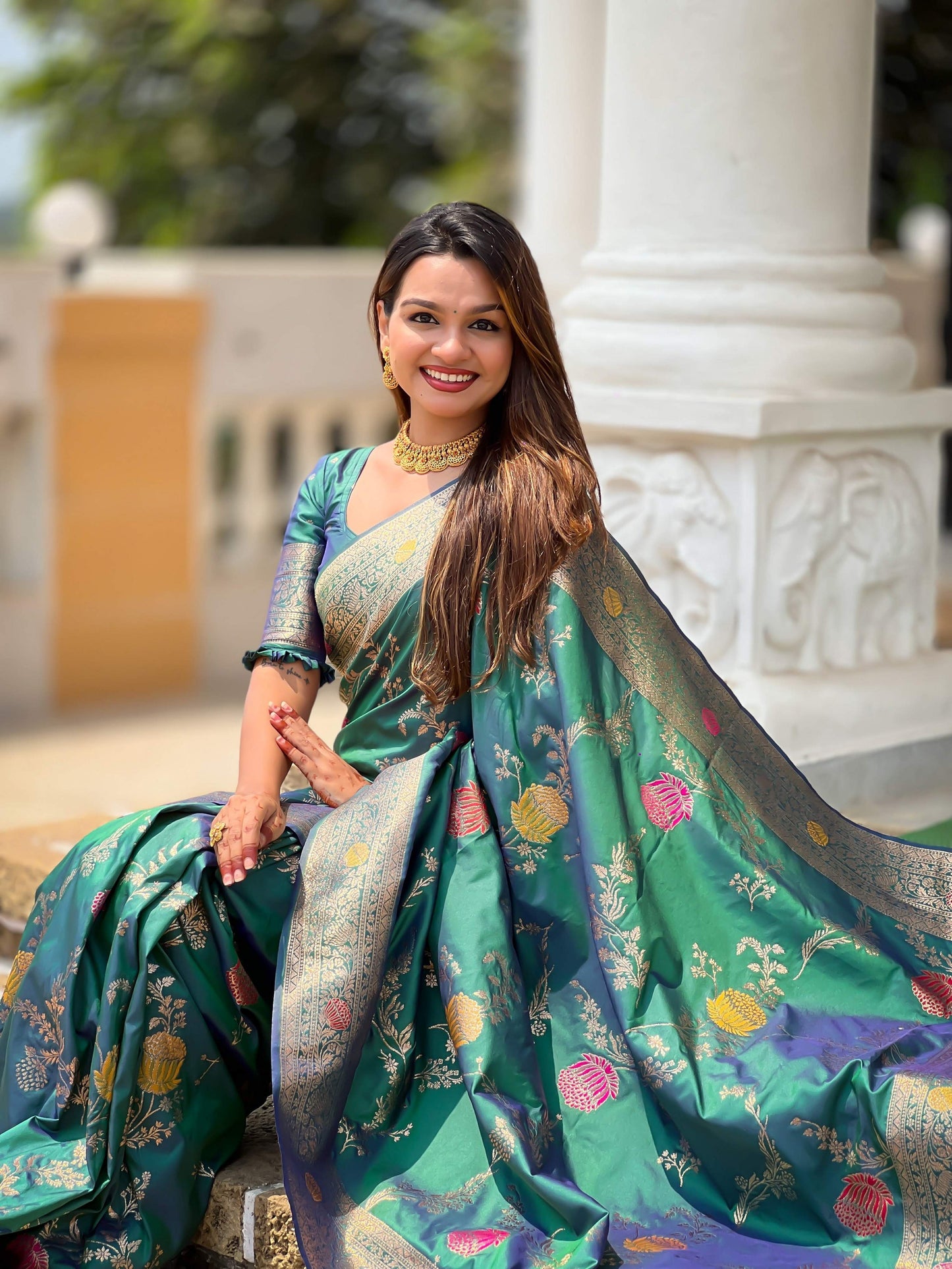 Vedant Vastram Soft Litchi Silk Banarasi Silk Jacquard Saree - Aqua