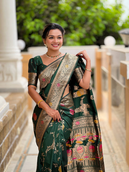Vedant Vastram Soft Litchi Silk Banarasi Silk Jacquard Saree - Green