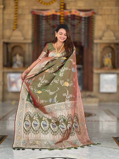 Vedant Vastram Soft Litchi Silk Banarasi Silk Jacquard Saree - Mahendi