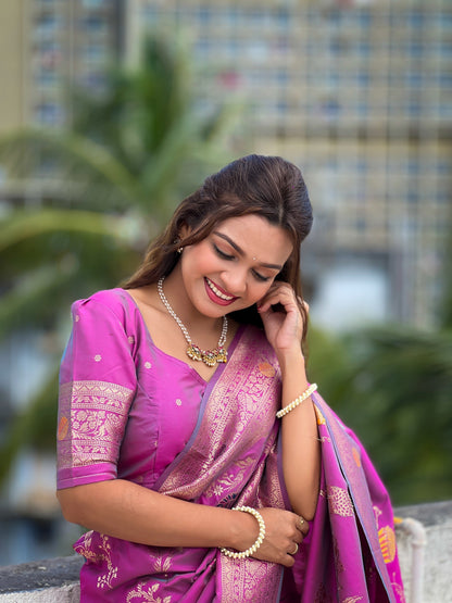 Vedant Vastram Soft Litchi Silk Banarasi Silk Jacquard Saree - Purple