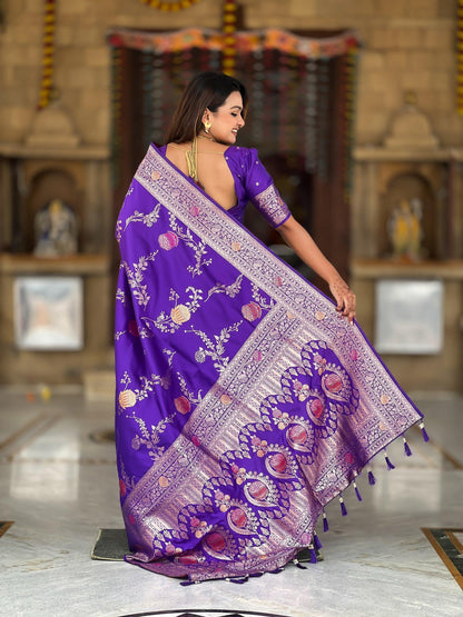 Vedant Vastram Soft Litchi Silk Banarasi Silk Jacquard Saree - Violet