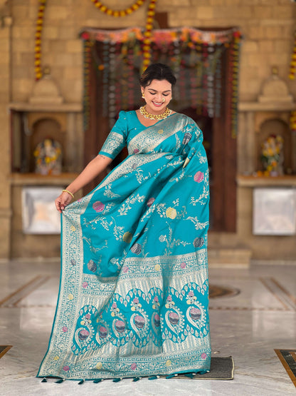 Vedant Vastram Soft Litchi Silk Banarasi Silk Jacquard Saree - Rama