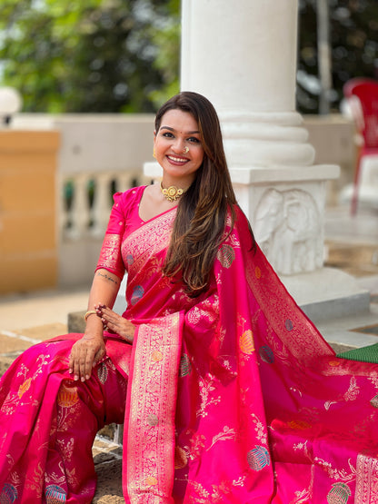 Vedant Vastram Soft Litchi Silk Banarasi Silk Jacquard Saree - Rani