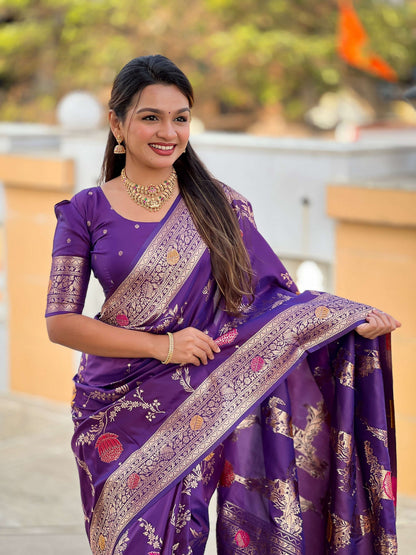 Vedant Vastram Soft Litchi Silk Banarasi Silk Jacquard Saree - Wine