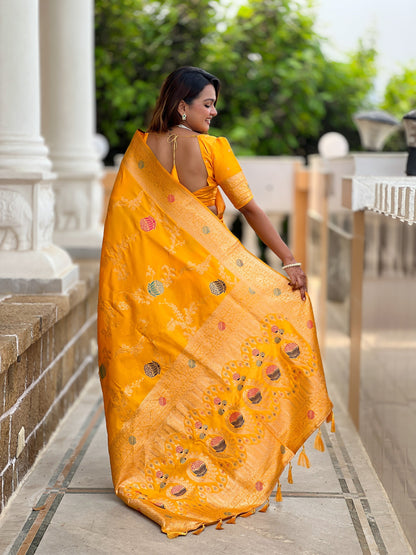 Vedant Vastram Soft Litchi Silk Banarasi Silk Jacquard Saree - Yellow