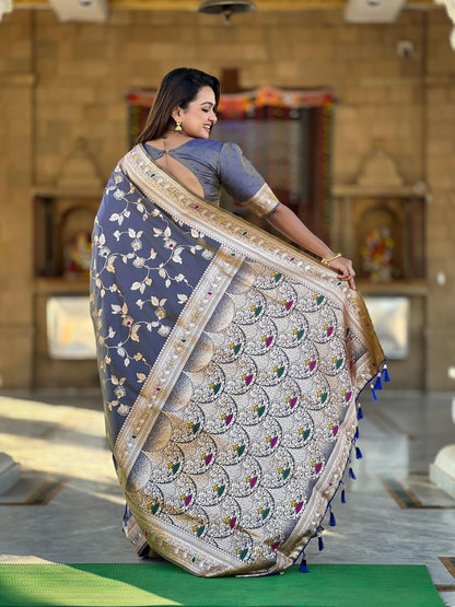 Vedant Vastram Soft Litchi Silk Banarasi Silk Jacquard Saree - Grey