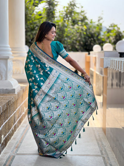 Vedant Vastram Soft Litchi Silk Banarasi Silk Jacquard Saree - Rama