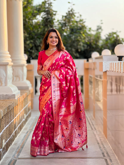 Vedant Vastram Soft Litchi Silk Banarasi Silk Jacquard Saree - Rani
