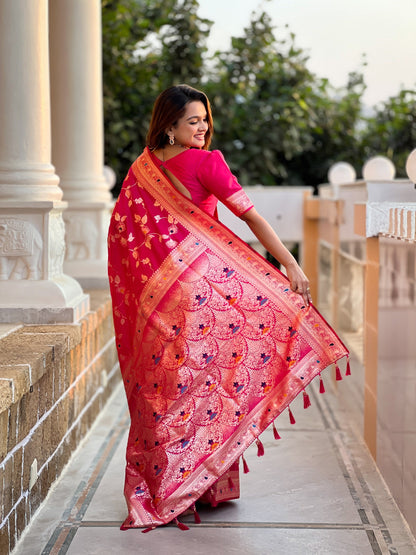 Vedant Vastram Soft Litchi Silk Banarasi Silk Jacquard Saree - Rani