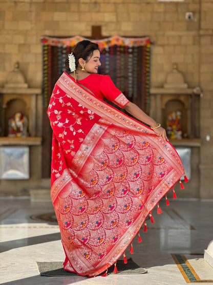 Vedant Vastram Soft Litchi Silk Banarasi Silk Jacquard Saree - Red