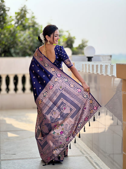 Vedant Vastram Soft Litchi Silk Banarasi Silk Jacquard Saree - Navy Blue