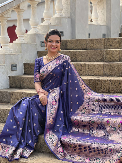Vedant Vastram Soft Litchi Silk Banarasi Silk Jacquard Saree - Navy Blue
