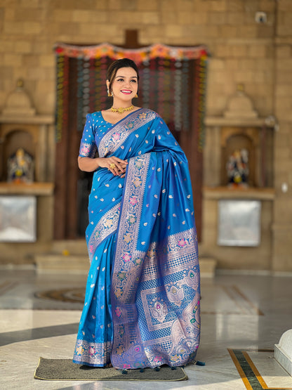 Vedant Vastram Soft Litchi Silk Banarasi Silk Jacquard Saree - Skyblue
