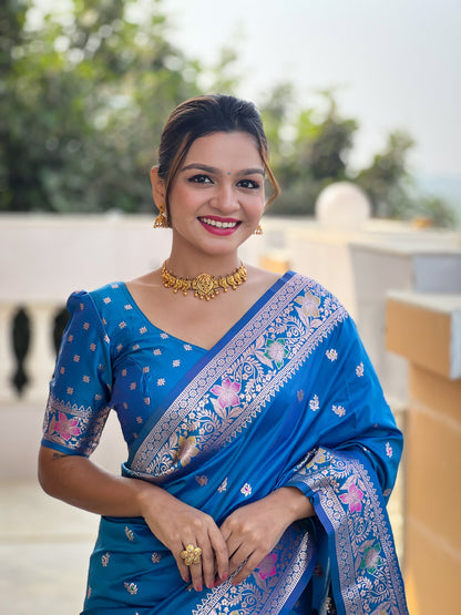 Vedant Vastram Soft Litchi Silk Banarasi Silk Jacquard Saree - Skyblue