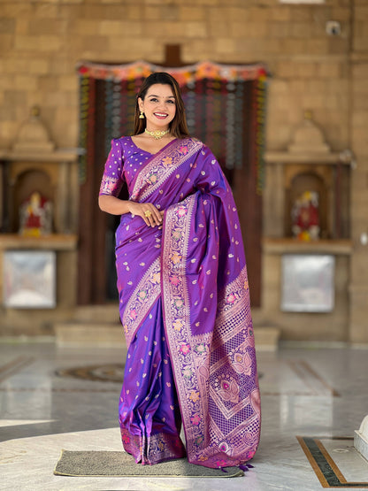 Vedant Vastram Soft Litchi Silk Banarasi Silk Jacquard Saree - Violet